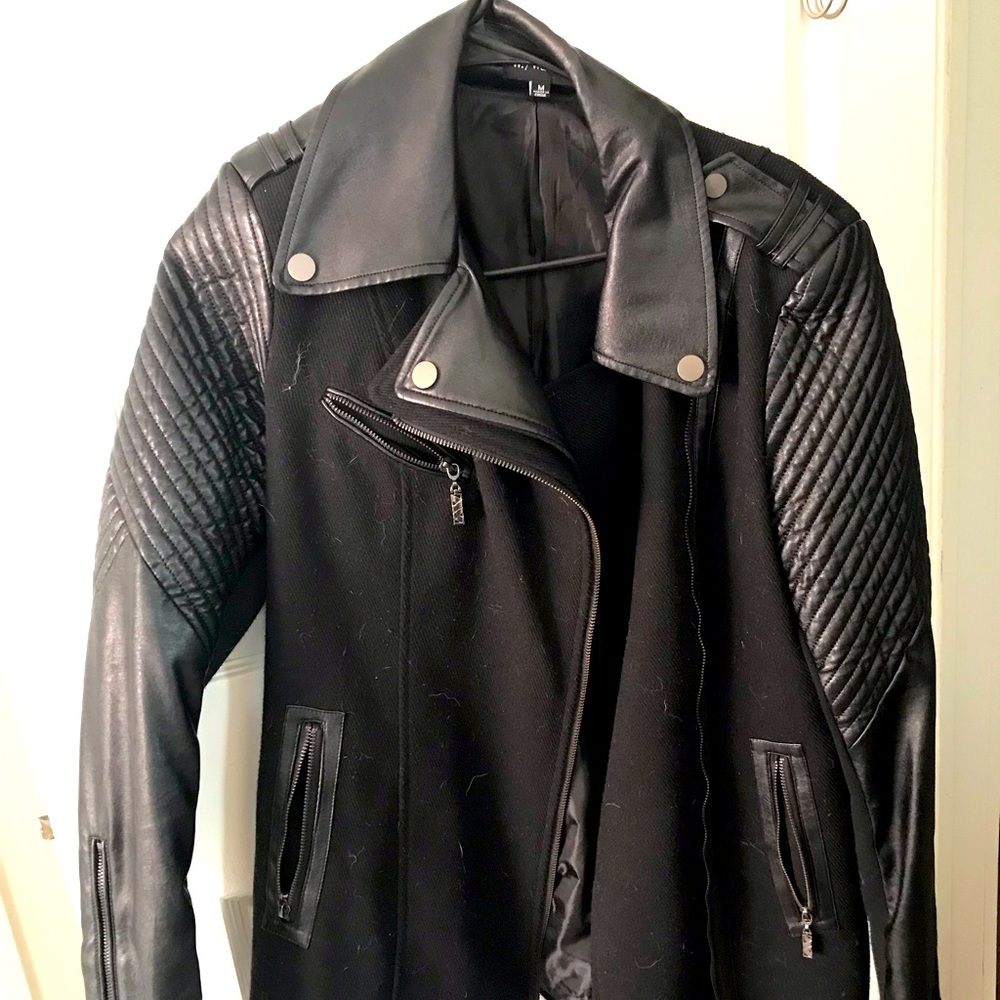 Black Pea coat- Wool & Leather Warm and Trendy